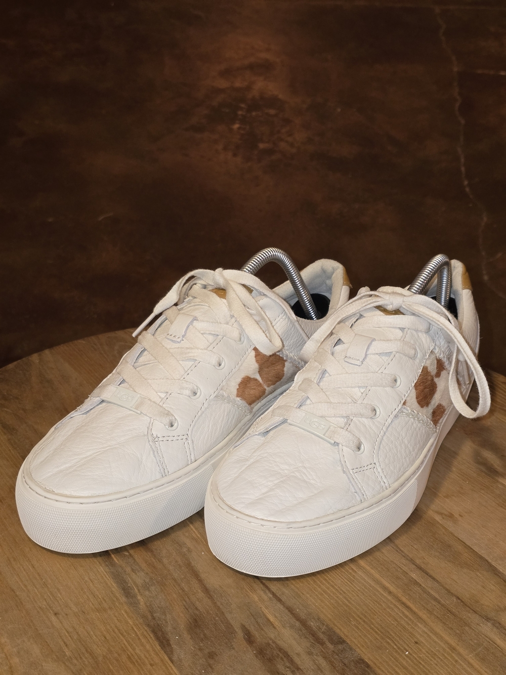 UGG Women's Dinale Sneakers White Leather Mesa Sand Cow Print Calf Hair